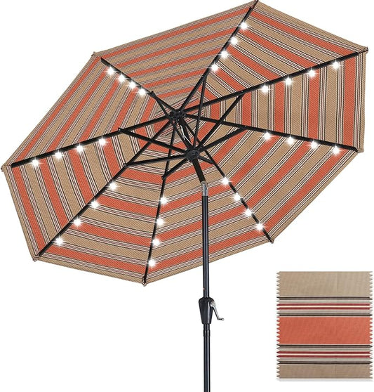 ABCCANOPY OLEFIN® 5-Year No Fading Patio Umbrella with Solar Lights (Coffee&Orange Stripe)