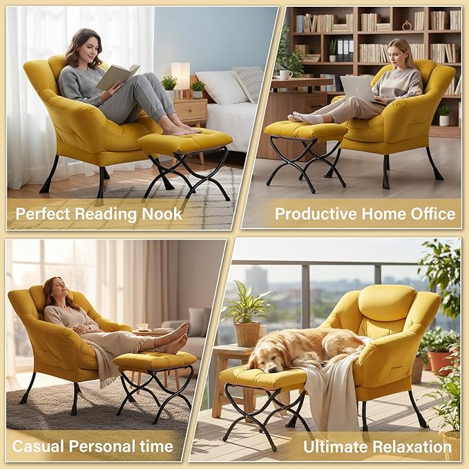 Lazy Chair with Ottoman, Large Accent Yellow Velvet Chair with Side Pocket, Modern Leisure Upholstered Sofa Reading Armchair with Footrest for Office, Bedroom, Living Room, Dorm Rooms, Balcony