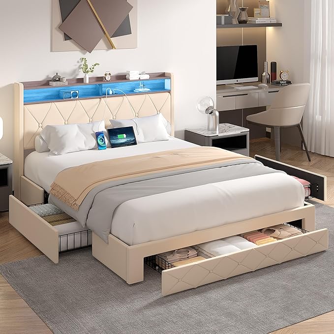 VECELO Velvet Queen Size Upholstered Bed Frame with Headboard, Sturdy Platform Queen Bed Frame with 3 Capacious Drawers, LED Light, Charging Station, USB Ports, Quiet, Easy Assembly, Beige