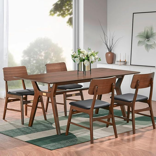 CONSDAN Dining Table for 4-8, Table Only, 71x35 Extra Large, Rectangular Shape, Walnut Veneer Top, Solid Wood Frame, Softly Curved Edges, Elegant Look