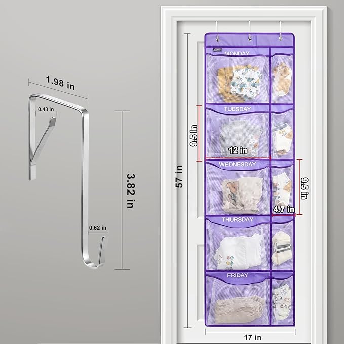 Weekly Clothes Organizer for Kids, Monday to Friday Hanging Closet Organizer, 5-Shelf Large Capacity School Storage with Side Pockets, Purple (Quantity 2)