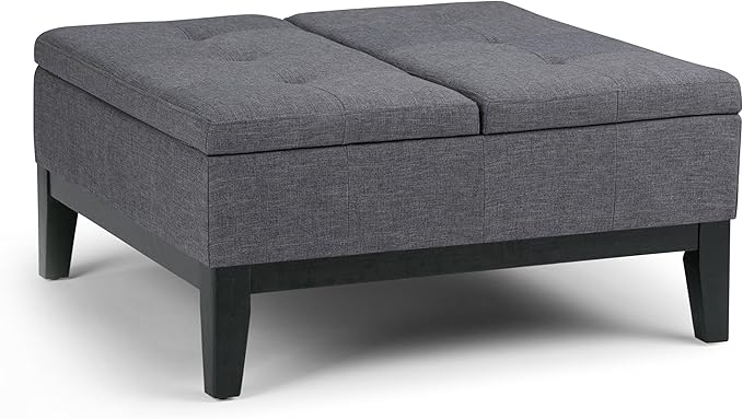 SIMPLIHOME Dover 36 inch Wide Contemporary Square Coffee Table Storage Ottoman in Slate Grey Linen Look Fabric, Assembled, For the Living Room and Bedroom