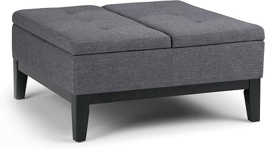 SIMPLIHOME Dover 36 inch Wide Contemporary Square Coffee Table Storage Ottoman in Slate Grey Linen Look Fabric, Assembled, For the Living Room and Bedroom