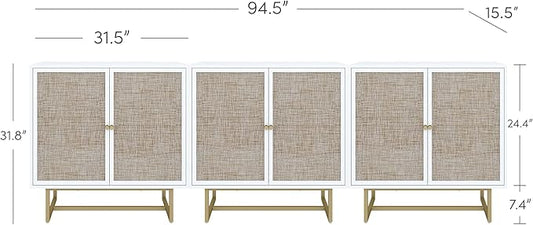 Nathan James Kova Rattan Wood Accent Natural Sideboard Storage Cabinet TV Stand with Matte Metal Frame, Adjustable Shelves and Cane Doors, for Hallway, or Living Room, White/Cane/Brass, Set of 3