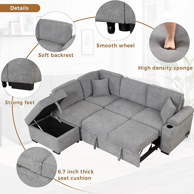 ERYE 84-Inch Left Facing Corner Sleeper Sectional Sofa with Pull Out Sleeper Couch Bed and Storage Ottoman,L-Shaped Corner Convertible Sofa Bed W/Cupholder & Padded Armrests | USB Charging Ports, 3-pin Plug Socket