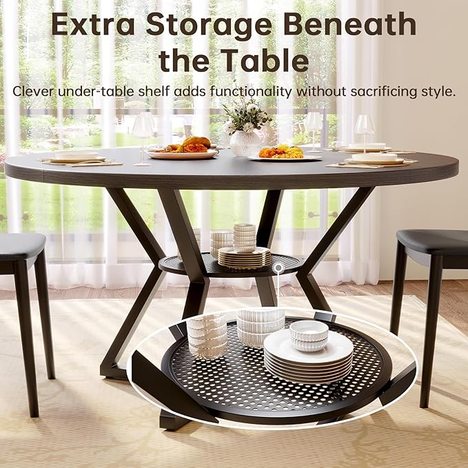 Concho 47" Round Kitchen Dining Room Table for 4-6 Circle Dining Dinner Table with Pedestal Metal Frame,Space Saving Wood Kitchen & Dining Room Furniture, Dark Coffee Gray
