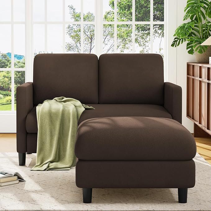 Welzona Loveseat, 51" Small L Shaped Couch, Comfy Teddy Love Seat with Ottoman Set, Tool-Free Setup Loveseat Sofa with Ottoman, All-Wood Small Sofa Couch for Bedroom, Couch for Living Room, Brown