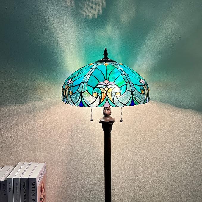 Tiffany Floor Lamp,Stained Glass Lamp Shade,Vintage Antique Style Standing Double Light for Living Room & Bedroom