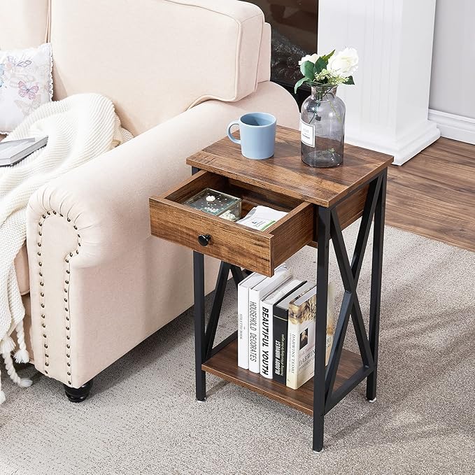 VECELO Tall Nightstand End Side Tables,27.6 Inch Night Stands with X-Side Frame and Drawer for Living Room Bedroom,Small Spaces, Brown (Set of 2)