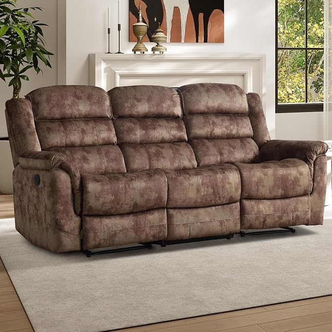 EBELLO Reclining Sofa for Living Room, Extra Wide Modern Overstuffed 3 Seat Recliner Manual Sofa Chair, Breathable Soft Fabric and Padded Seat, Brown