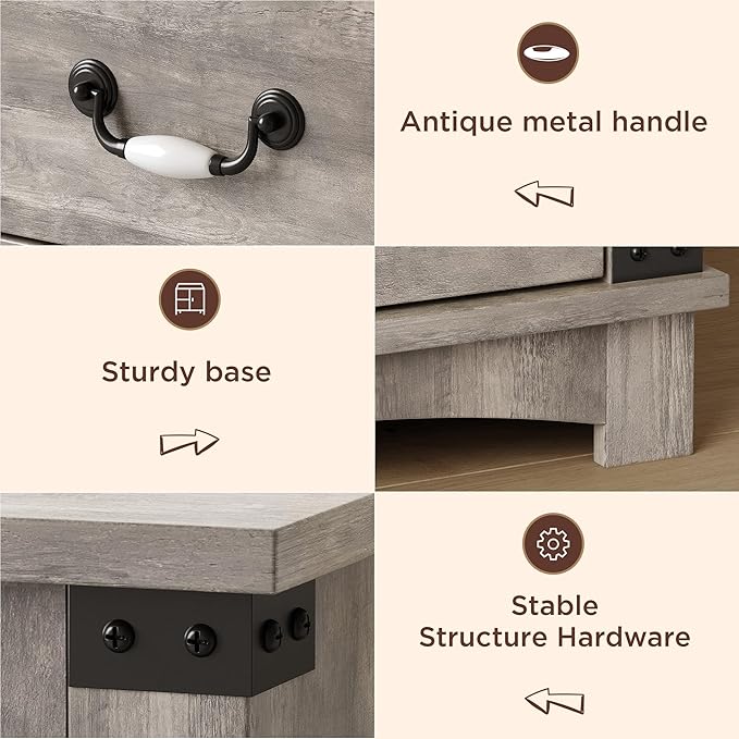Maupvit Farmhouse Night Stand with Charger Station & Ceramic Handle, Wood Nightstand with 2 Storage Drawers, LED Bedroom Nightstand, Bedside Tables, Grey