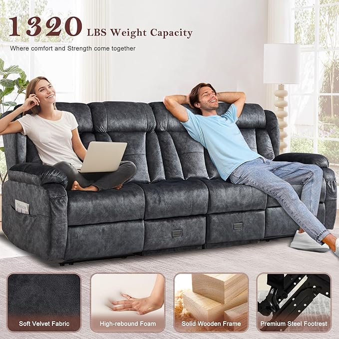 97.6" Manual Reclining Loveseat Sofa - Wall Hugger 4 Seat Loveseat Recliner with Console, Fold-Down Table and Built-in Outlets, Recliner Couch for Living Room RVs Home Theater Seating