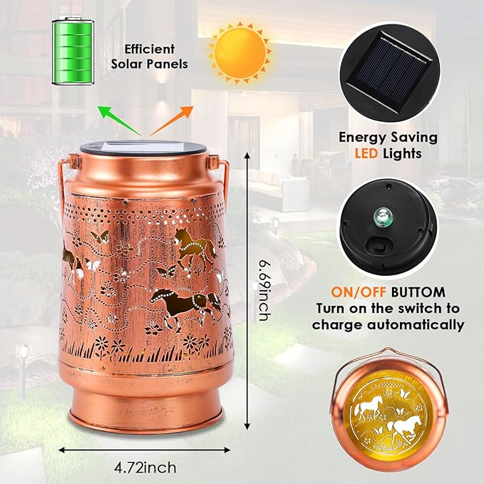 Horse Birthday Gifts for Women Mom Grandma, Solar Lanterns Outdoor Waterproof Garden Decor Hanging Lantern Lights, Metal LED Decorative Gardening Light for Patio Yard Lawn Porch