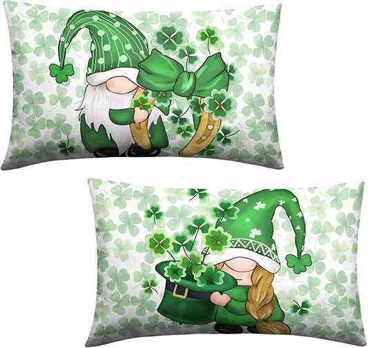 St Patricks Day Gnomes Lumbar Pillow Covers 12x20 Set of 2 Green Lucky Shamrock Decorative Pillow Cover St. Patrick's Clovers Bow Hat Cushion Cases Spring Rustic Outdoor Pillowcase for Couch Sofa