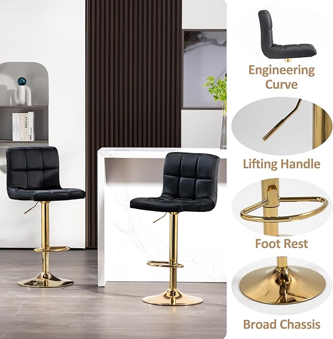Finnhomy Gold Bar Stools Set of 2 Velvet Fabric, Swivel Barstools with Footrest and L Shape Thicken Cushion Back, Adjustable Armless Upholstered Modern Bar Chairs for Kitchen Island, Black