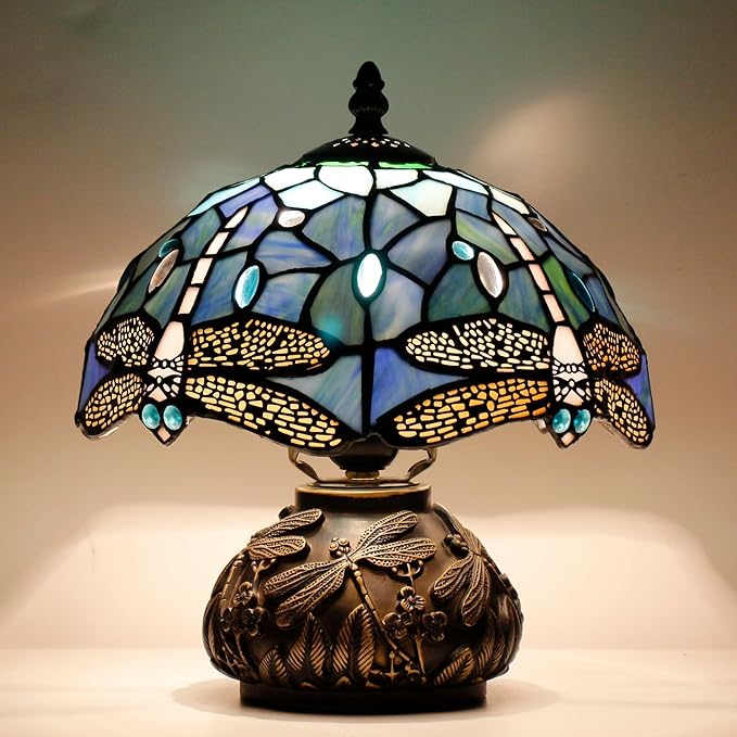 Small Tiffany Table Lamp Blue Dragonfly Style Stained Glass Desk Lamp 10X11.5 Inch Mushroom Table Light for Office Home Living Room Bedroom