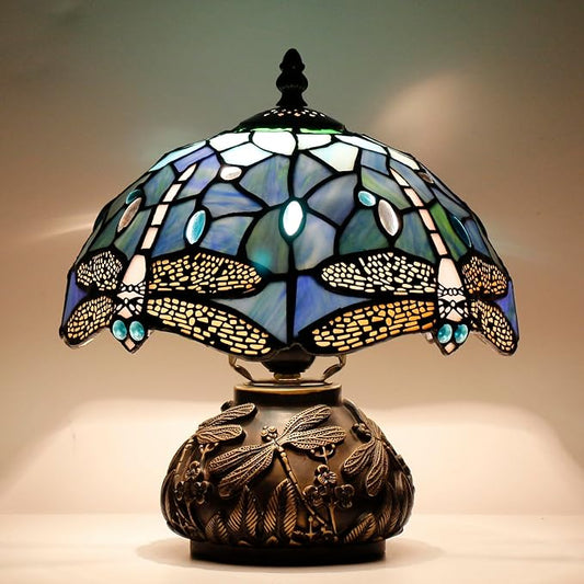Small Tiffany Table Lamp Blue Dragonfly Style Stained Glass Desk Lamp 10X11.5 Inch Mushroom Table Light for Office Home Living Room Bedroom