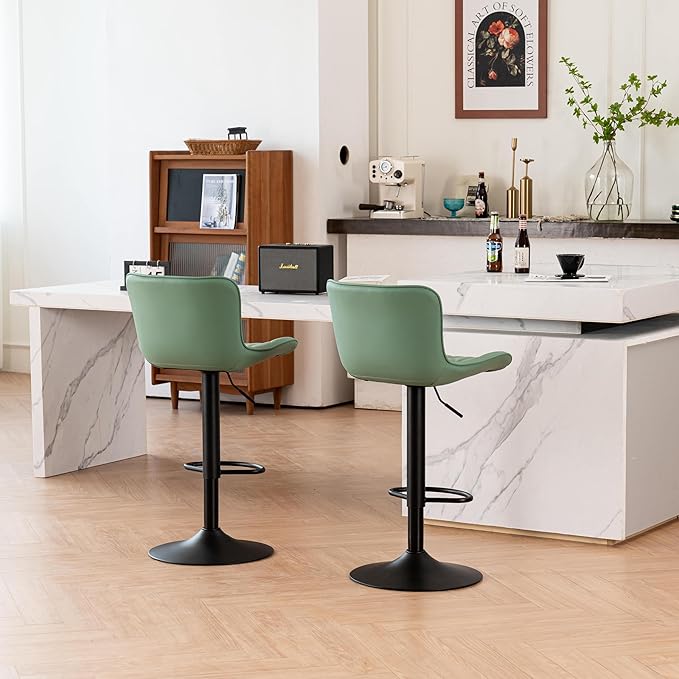 YOUNUOKE Bar Stools Set of 2 with Back Modern Faux Leather Swivel Counter Height Barstools Adjustable Tall Bar Stool Chairs for Kitchen Islands, Sea Green
