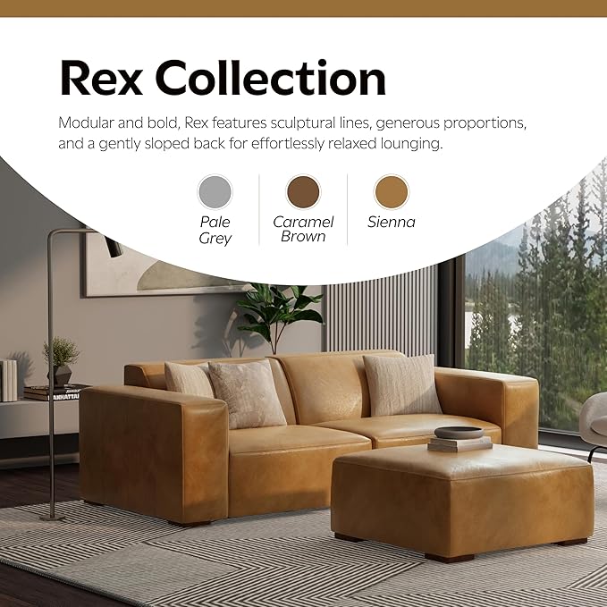 SIMPLIHOME Rex Ottoman - 34 inch Wide Upholstered Genuine Leather Square Ottoman in Sienna, Modern Bench for Living Room or Bedroom with High-Density Cushion, Assembled
