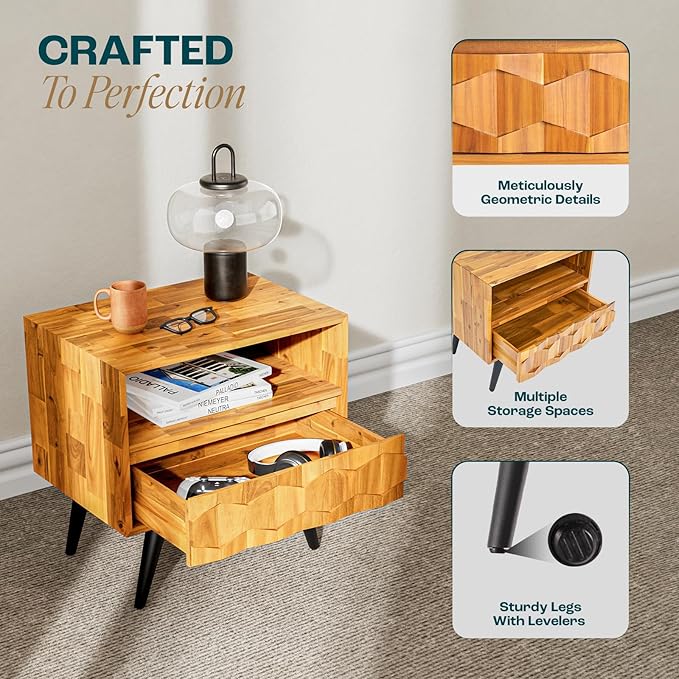 Bme Georgina Solid Wood Coffee Tables & Nightstands with Geometric Details, 2 Drawers
