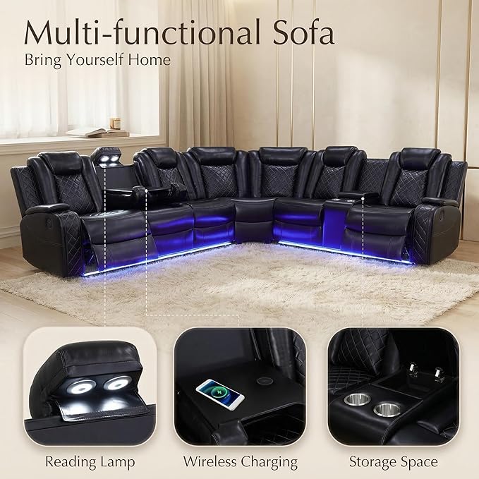 Power Reclining Curved Sectional Sofa for Living Room, Black Leather Home Theater Recliner Couch with LED Lights, Wireless Charging, Cup Holders & Storage Console