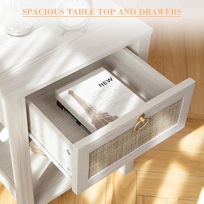 SICOTAS White Nightstand Set of 2,Rattan Decor Drawer with Brass Knobs Night Stand Bedside Table Boho End Tables Side Tables with Storage Shelf for Bedroom,Small Space