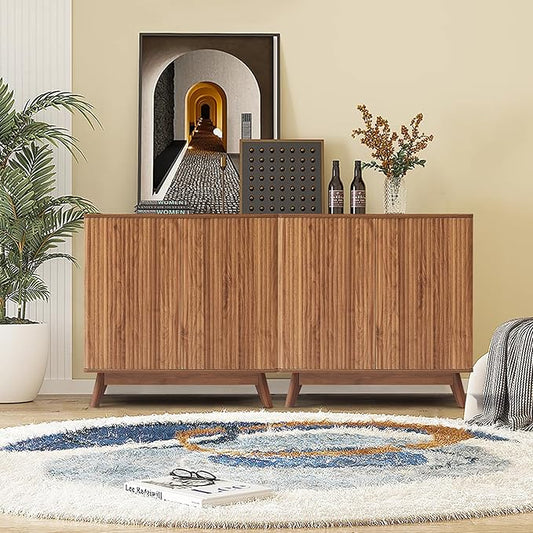 Set of 2 Fluted Storage Cabinet with 2 Doors and Adjustable Shelves, Mid Century Modern Credenza Sideboard Buffet Cabinet with Storage, Kitchen Sideboard for Dining Room Hallway Entryway - Walnut