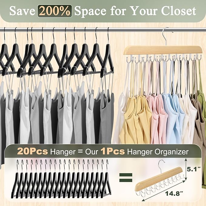 2 Pack Bra Hangers for Closet Organizer, Round Rectangle Bra Organizer with 40 Stainless Steel Hooks, Wooden Tank Top Hanger, Closet Organizers and Storage for Bras Camis Belts Ties, Natural Hanger