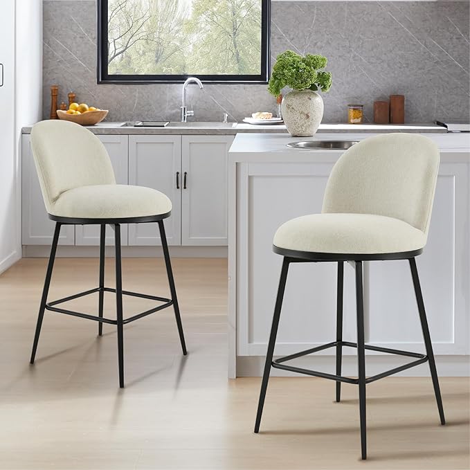 Swivel Bar Stools Set of 3, 26" H Upholstered Linen Fabric Barstools with Backs,Counter Height Stools with Metal Legs for Kitchen Island,Linen,1 Box