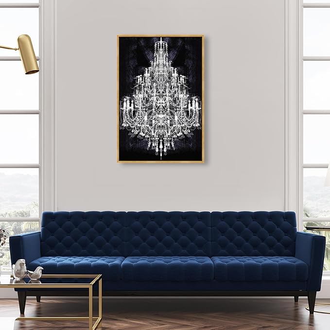 The Oliver Gal Artist Co. Fashion and Glam Framed Wall Art Canvas Prints 'Montecarlo Crystal' Chandeliers Home Décor, 24" x 36", White, Black