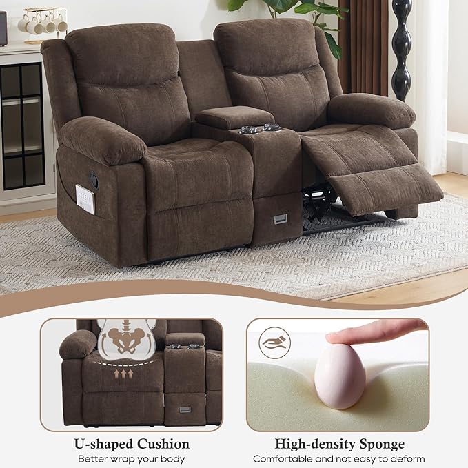 Loveseat Recliner Sofa, Manual Recliner Loveseat with Console, Modern Chenille Sofa Sleeper Deep Couches with Cup Holders and Side Pocket for Living Room/Office/Apartment (Brown) | Heating and Massage, Hidden Drawer