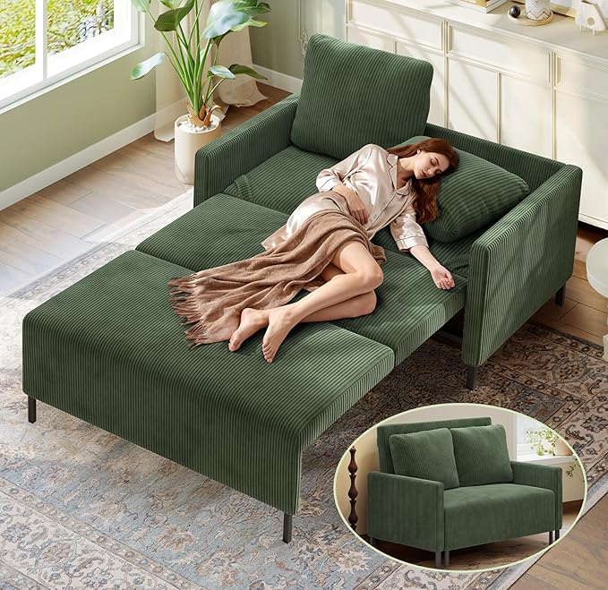 Welzona 47.2" Convertible Sofa Bed Couch, Comfy Corduroy Couch Bed, All in 1 Loveseat Sleeper Sofa, Love Seat Sleeper Bed with 2 Pillows, Modern Couches for Living Room/Apartment/Home/Office, Green