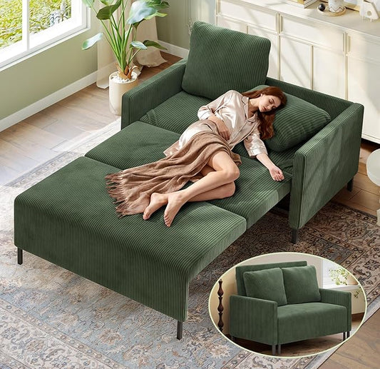 Welzona 47.2" Convertible Sofa Bed Couch, Comfy Corduroy Couch Bed, All in 1 Loveseat Sleeper Sofa, Love Seat Sleeper Bed with 2 Pillows, Modern Couches for Living Room/Apartment/Home/Office, Green