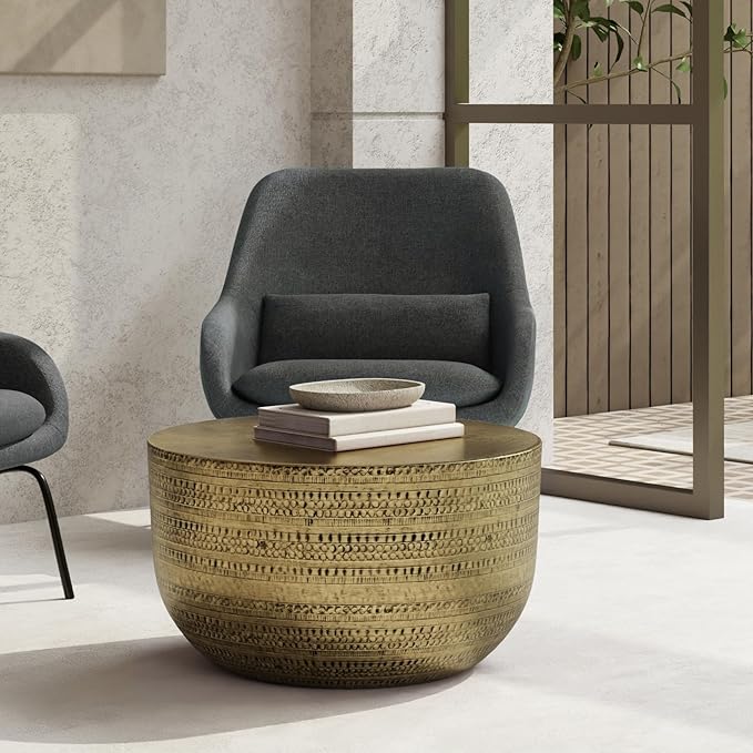 SIMPLIHOME Johnsen Metal Coffee Table - 30 inch Wide Solid Metal Round Drum Accent Table in Antique Gold, Boho Coffee Table for Living Room or Bedroom with Decorative Textured Design, Assembled