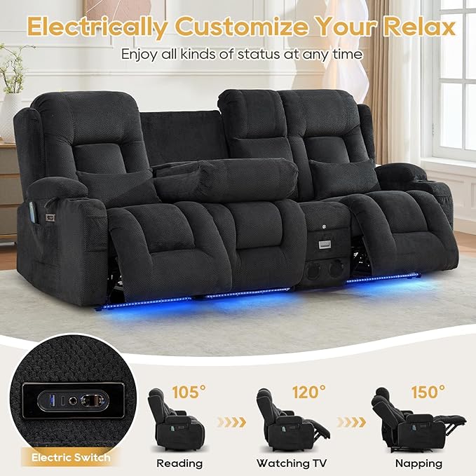 IPKIG Power Recliner Sofa with Flip-Up Backrest Console, USB & USB-C Ports, AC Outlet, LED Lights, Wall Hugger Recliners for Living Room, RV (Charcoal, 89" - 4 Seat) | Velvet Fabric, Zero Gravity, Dual Reclining, 2 Lumabr Pillow, Bluetooth Speakers