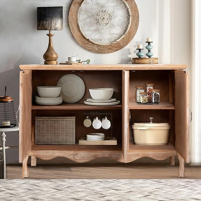 Accent Rustic Storage Cabinet With 3 Carved Doors, Vintage Sideboard Buffet With Shelves, Wood Entryway for Kitchen, Dining Room, Living Room, Bedroom, Natural
