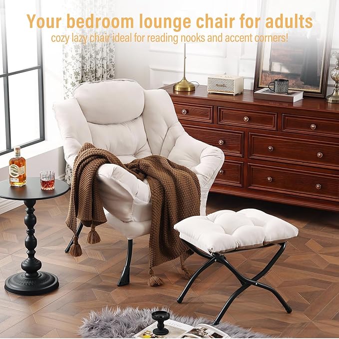 Lazy Chair with Ottoman, Modern Chair with Folding Footrest, Beige Accent Chair, Comfortable Reading Chair, Oversized Armchairs for Bedroom, Study, Living Room, Courtyard