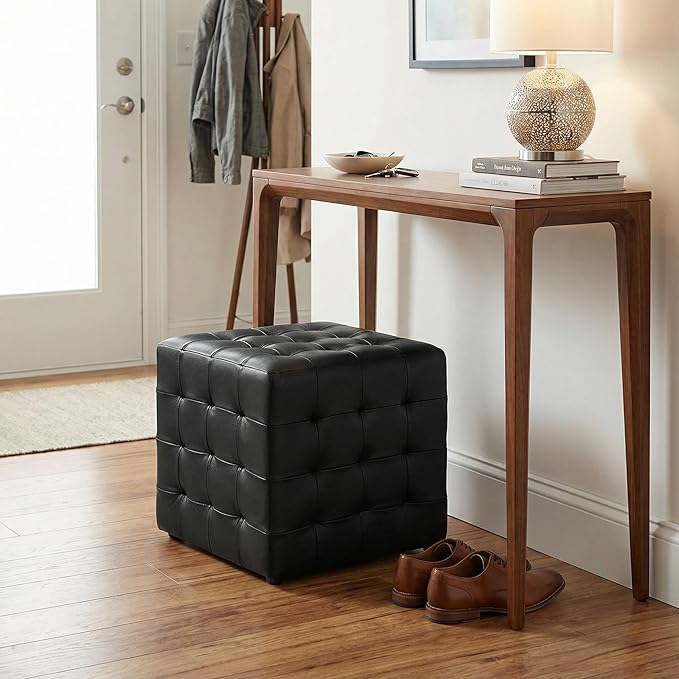 Cortesi Home Charli Tufted Cube Ottoman in 100% Genuine Leather, Black
