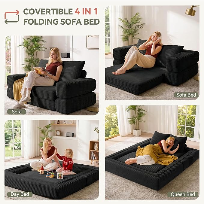 Jocoevol 4-in-1 Convertible Folding Sofa Bed, 68"L x 78"W Queen Size Foldable Sleeper Sofa Bed, Wide Corduroy Upholstery, Boneless Mattress Couch with Armrests & Neck Pillow for Living/Bedroom, Black