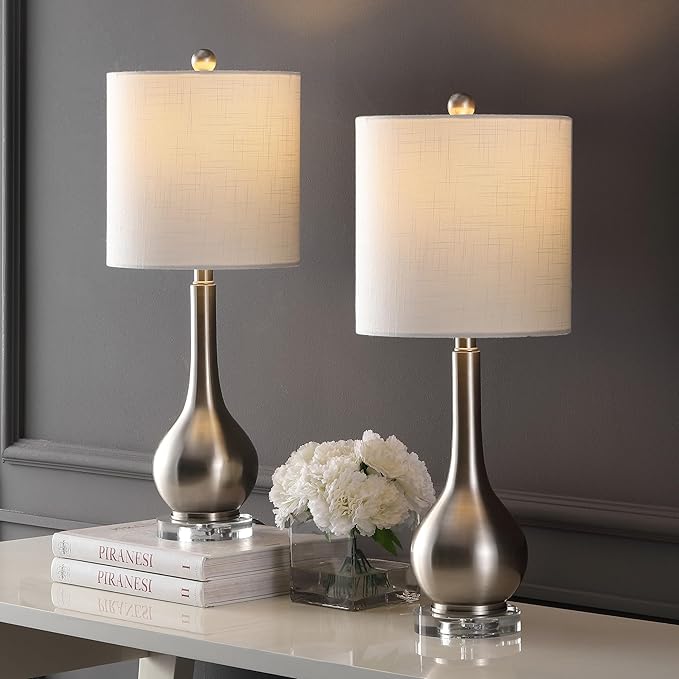 JONATHAN Y 25" Nickel Metal and Crystal Teardrop LED Table Lamp for Bedroom Living Room Bedside Nightstand, White Linen Drum Shade, LED Bulb Included, Set of 2 (JYL5010B-SET2)