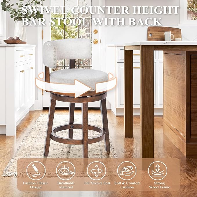 COLAMY Swivel Bar Stool, 25 Inch Wood Swivel Barstool with Back, Counter Height Bar Stools, Modern Upholstered Barstool for Kitchen Island Dining Room Bar, Beige