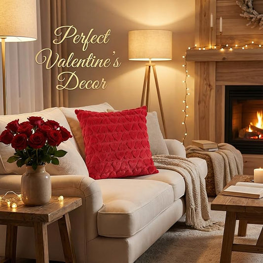 Valentine Pillow Covers 20x20 Set of 2, Valentine Decorations Indoor Love Heart Soft Plush Faux Fur Throw Pillow Covers for Bedroom Red Pillowcase Living Room Sofa Holiday Home Decor