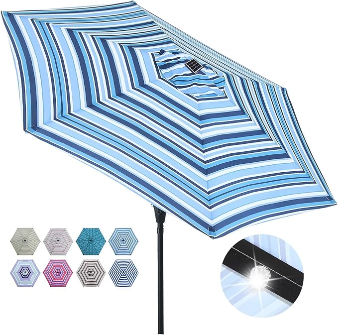 ABCCANOPY Durable Solar Led Patio Umbrellas with 24LED Lights 7.5FT with 6 Sturdy Ribs (Blue Stripes)