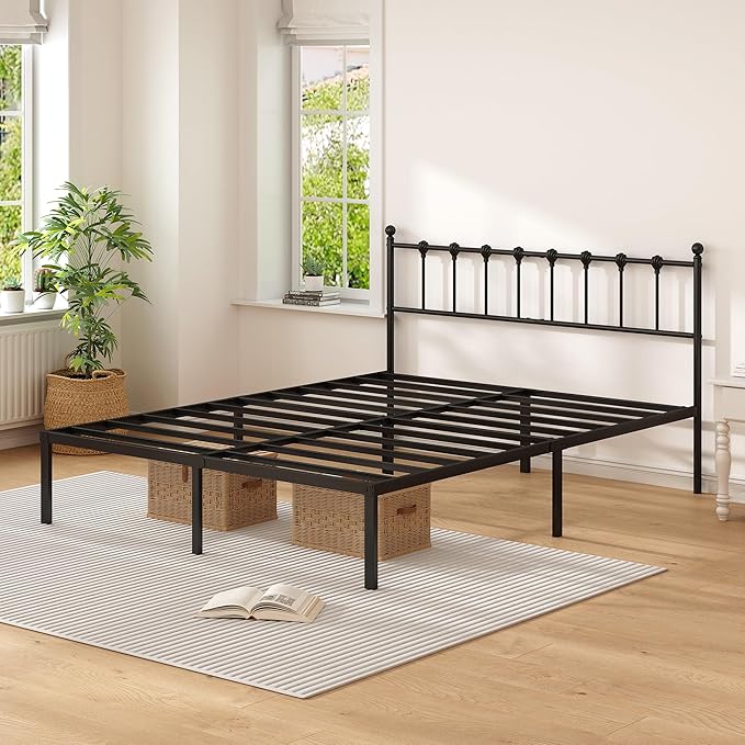 Queen Size Bed Frame with Modern Headboard, Metal Platform Bed Base with Strong Support, No Box Spring Needed, Easy Assembly, Noise Free，Black
