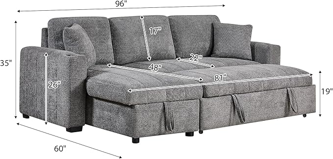 ERYE 96-Inch Oversized Reversible Corner Sleeper Sectional Sofa Bed for Living Room Office,L-Shaped Boucle Upholstered Convertible Pull Out Sleeper Couch Bed W/Storage Chaise | Cupholders, USB-C Ports, Channel Tufted