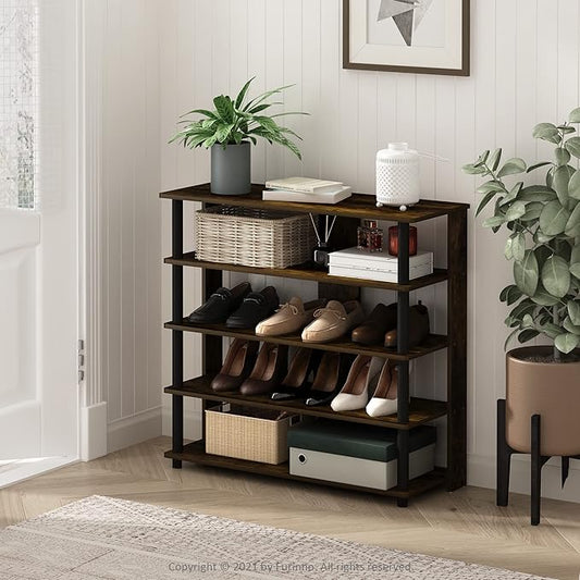 Furinno Turn-N-Tube 5 Tier Wide Shoe Rack, Amber Pine/Black