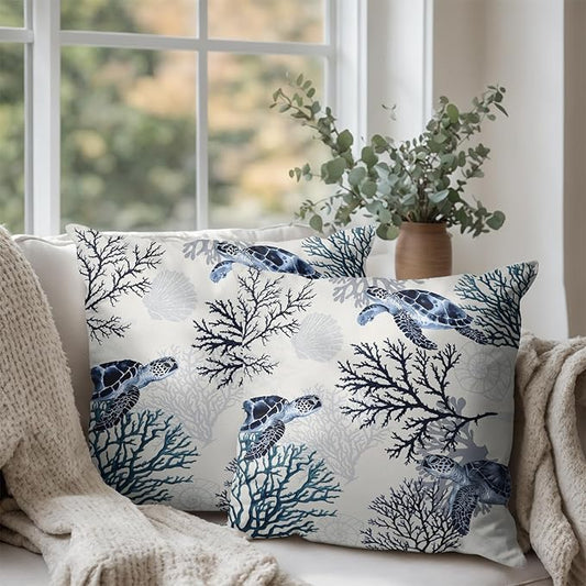 Coastal Outdoor Pillow Covers 16x16 Inch Set of 2 Nautical Beach Themed Ocean Coral Turtle Throw Pillows Summer Sea Life Blue Cotton Linen Cushion Cover for Bed Couch Sofa Living Room