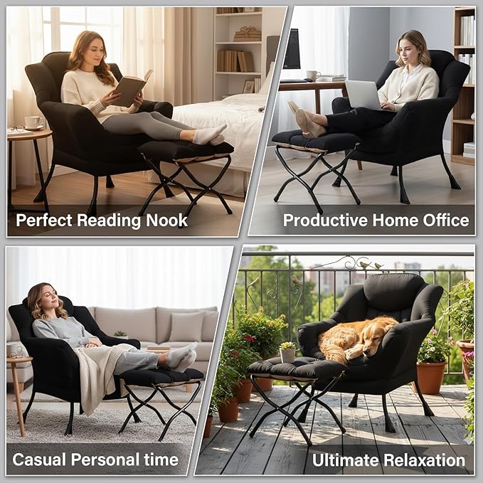 Cozy Lazy Chair and Ottoman, Large Peach Black Contemporary Accent Chair Set, Leisure Upholstered Reading Armchair for Office, Bedroom, Living Room, Dorm Rooms, Balcony