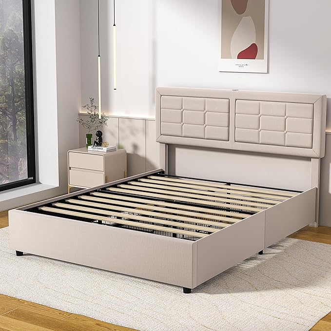VECELO Full Size Bed Frame with 4 Storage Drawers & Adjustable Headboard, Built-in Charging Station, Upholstered Bedframe with Wood Slats Support, Beige