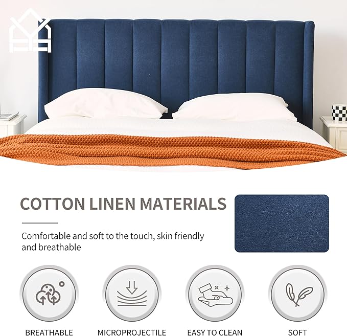 YUHUASHI upholstered Platform Bed Frame/Queen Bed Frame/Modern Geometric Double-Wing Design headboard/Linen Fabric/Easy to Assemble no Noise (Navy Blue, Queen (U.S. Standard))